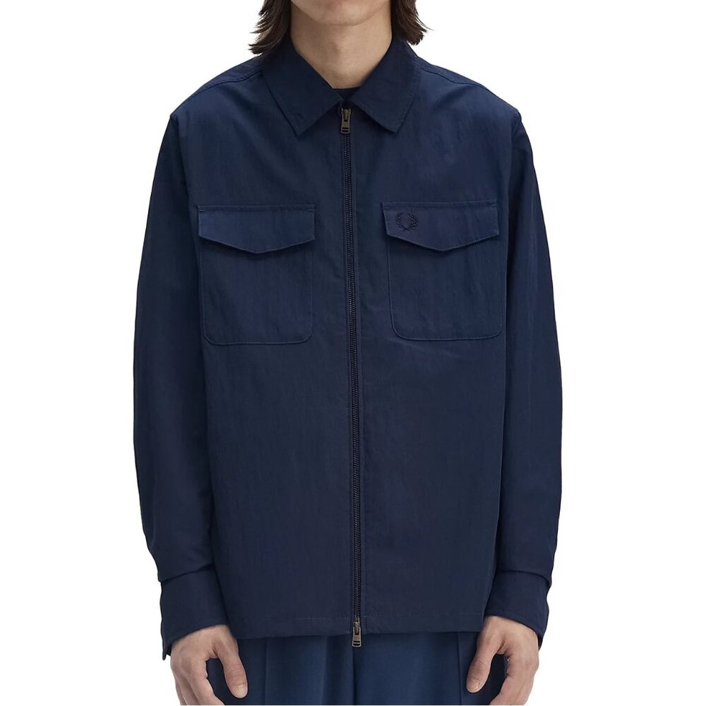 Fred Perry Men's Zip Front Overshirt Dual Flap Snap Pockets Logo Jacket Blue